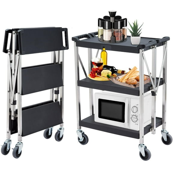 Soonbuy Portable Folding Service Cart, 3 Tier Folding Utility Cart, Collapsible Utility Carts for Office, Warehouse, and Home, 330 Lbs Load Capacity per Shelf