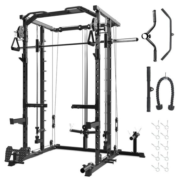 Soonbuy Power Cage, Smith Machine Squat Rack, Heavy Duty Power Rack for Home Gym with Pulley System, Dip Bar, LAT Pulldown, Multifunctional Squat Rack for Home Gym(ship in 3 boxes)