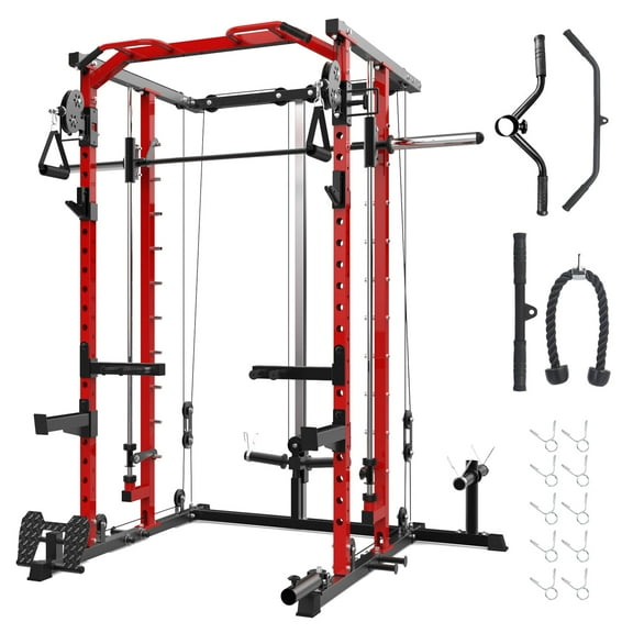 Soonbuy Power Cage, Smith Machine Squat Rack, Heavy Duty Power Rack for Home Gym with Pulley System, Dip Bar, LAT Pulldown, Multifunctional Squat Rack for Home Gym(ship in 3 boxes)