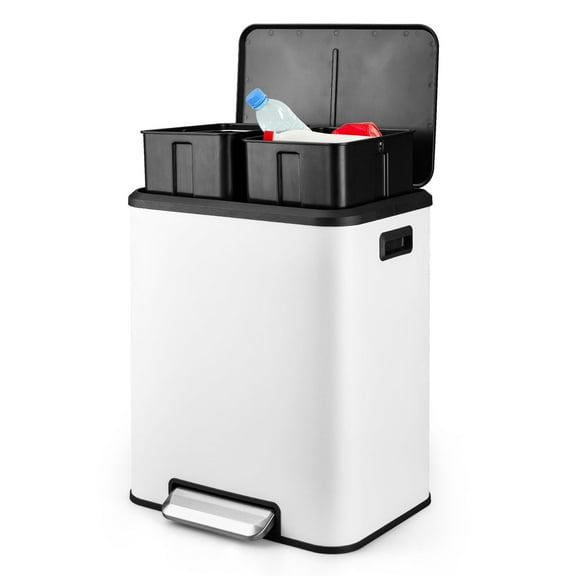 Soonbuy Rectangular Hands-Free Kitchen Trash Can,2 Compartments, Stainless Steel 2 x 15L,White