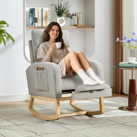 Soonbuy Rocking Chair with Foot Rest, Modern Teddy Glider Rocking Chair with Wood Legs and Side Pocket, Upholstered Rocker Accent Armchair for Nursery, Living Room, Bedroom, Beige/Grey/Brown