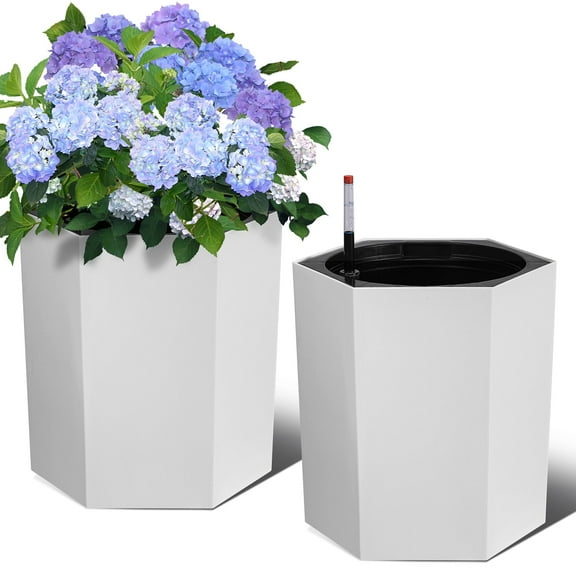 Soonbuy Set of 2 Self Watering Planters 16 Inch with Water Level Indicator & Wheels, Indoor Outdoor Auto Watering Pots for Patio Garden Balcony, Modern Hexagonal Design