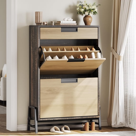 Soonbuy Shoe Storage Organizer with 2 Flip Drawers and 1 Drawer, Freestanding Narrow Shoe Rack, Shoe Storage Organizer with 3-Tier Adjustable Shelves for Entryway, Hallway, Living Room