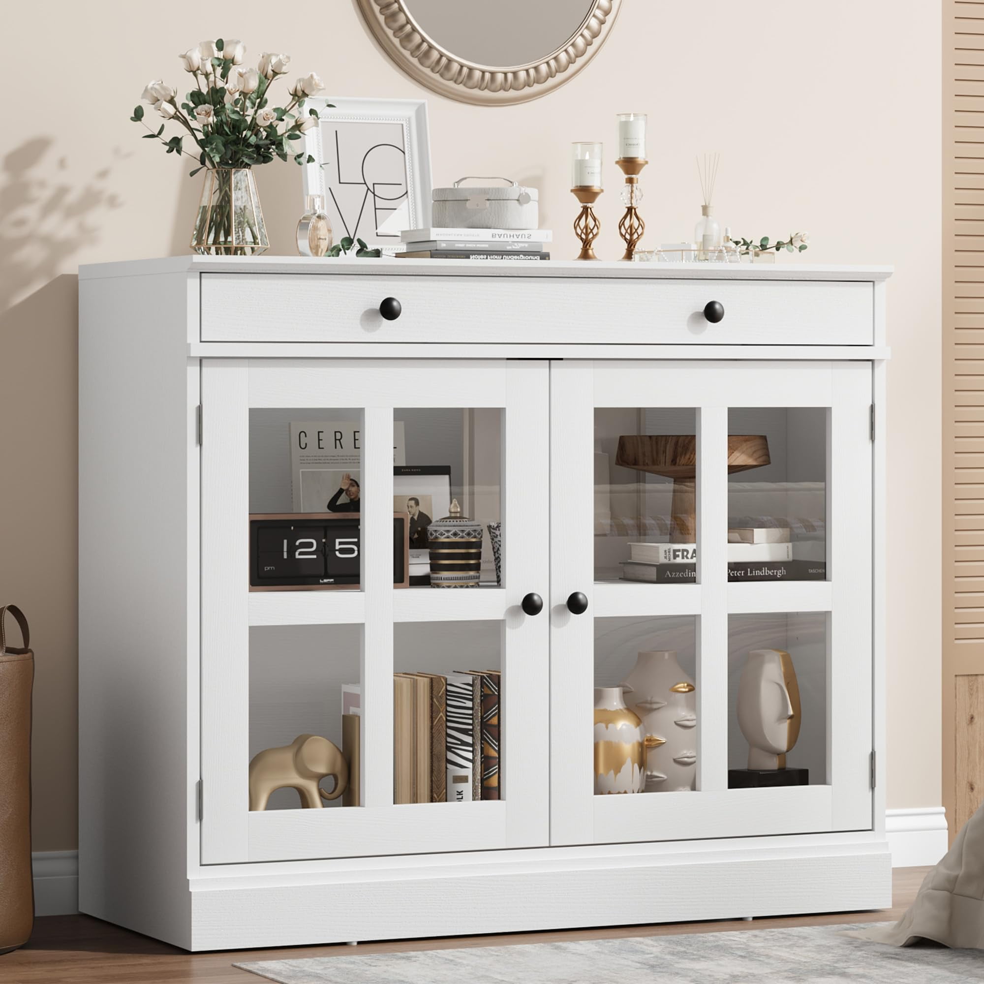 White Modern Sideboard Buffet Cabinet with Glass Doors and Drawer