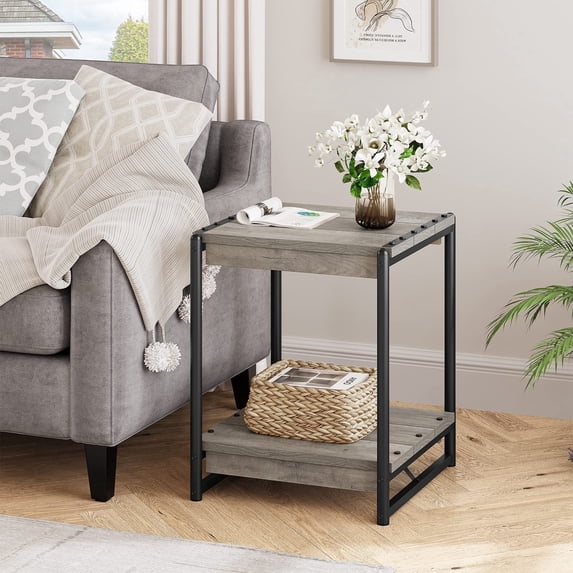 Soonbuy Square Rustic End Table for Living Room, Sturdy Frame, 19.6 Inch, Gray