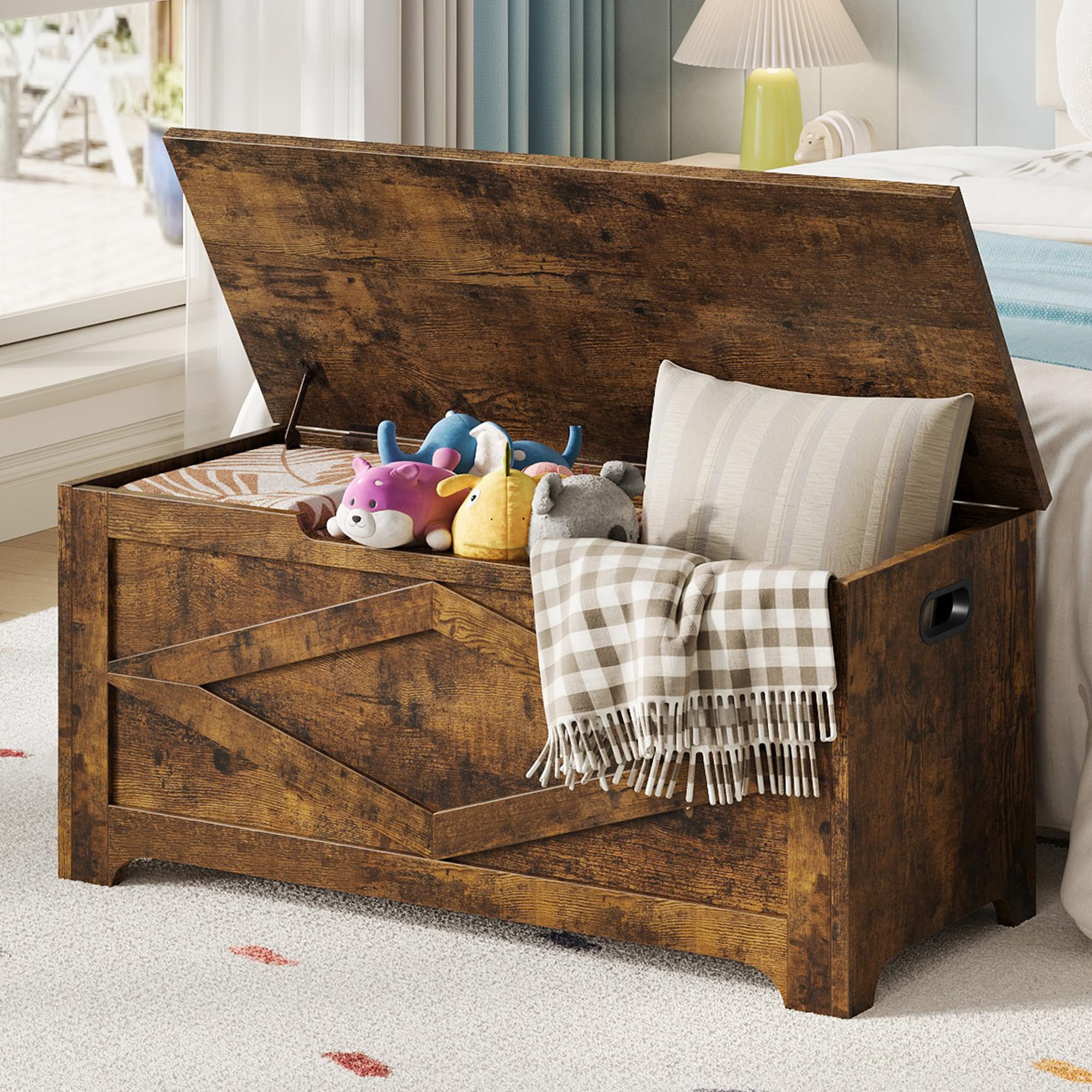Soonbuy Storage Chest, 39.4" Storage Bench with Safety Hinge, Farmhouse Style Wooden Toy Chest for Entryway, Bedroom, Living Room