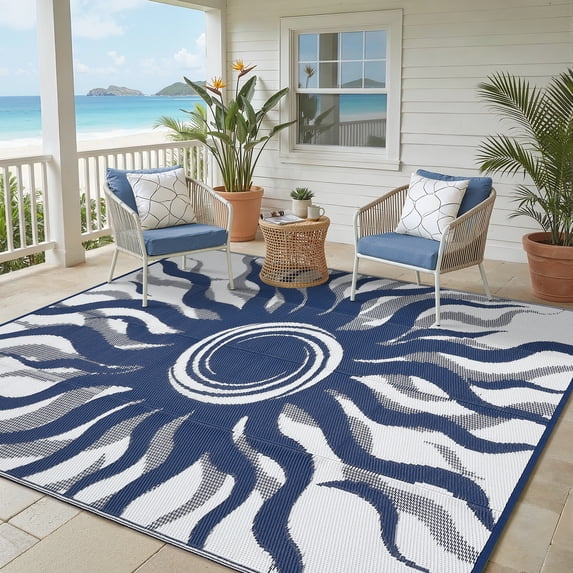 Soonbuy Sun Pattern Outdoor Rug, 8x10FT Waterproof Reversible Plastic Straw Outdoor Patio Rug, Quick Dry Easy Clean Outdoor Area Rug Carpet for Camping, Picnic, Balcony, Porch, RV