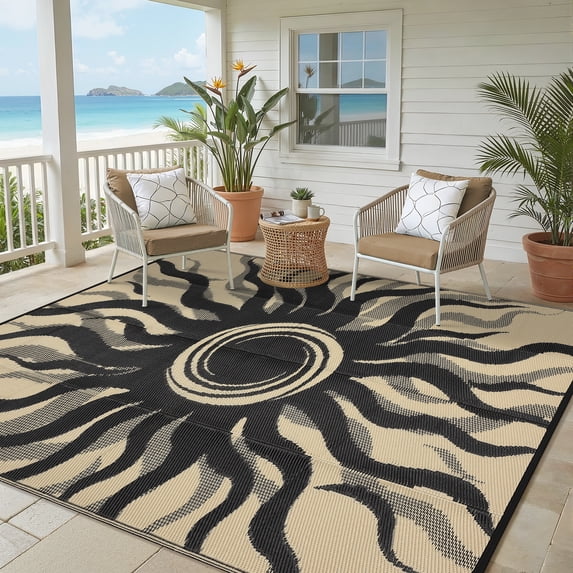Soonbuy Sun Pattern Outdoor Rug, 8x10FT Waterproof Reversible Plastic Straw Outdoor Patio Rug, Quick Dry Easy Clean Outdoor Area Rug Carpet for Camping, Picnic, Balcony, Porch, RV