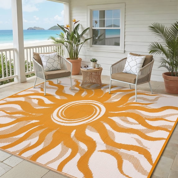 Soonbuy Sun Pattern Outdoor Rug, 8x10FT Waterproof Reversible Plastic Straw Outdoor Patio Rug, Quick Dry Easy Clean Outdoor Area Rug Carpet for Camping, Picnic, Balcony, Porch, RV