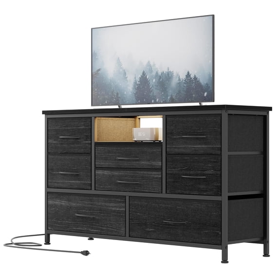 Soonbuy Tv Stand with Power Outlet & Led, 8 Deep Drawers, Charcoal Black