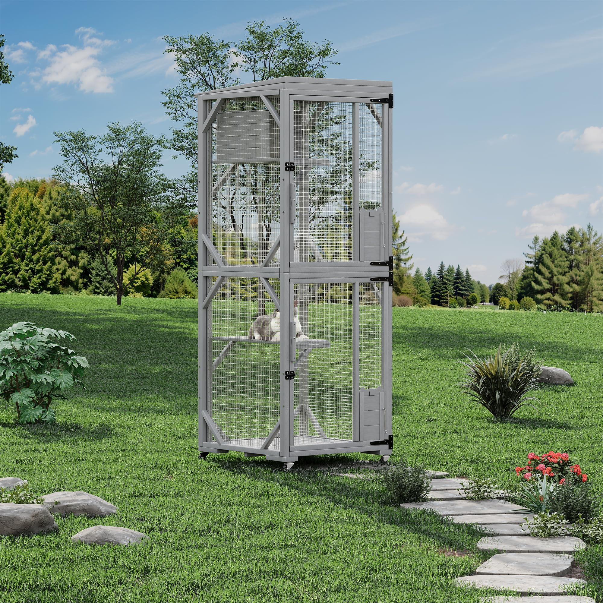 Soonbuy Walk-in Outdoor Cat House, Catio Enclosure with 4 Wheels for Easy Moving, Spacious Weatherproof Cat Cage for Patio & Garden