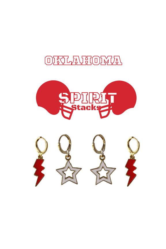 Sooners Spirit Stack red mini enamel bolts and white statement open starboys