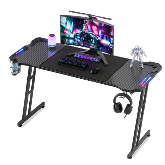 Soontrans 55" Z Shaped Gaming Desk, Computer Gaming Table Desk with LED Lights, Carbon Fibre Home Office Desks PC Gamer Workstations with Cup Holder & Headphone Hook