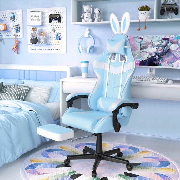 Soontrans Blue Gaming Chair with Footrest, High Back Computer Chair with Massage Lumbar Pillow & Headrest, Game Gamer Chairs with Bunny Ear for Boy Girl s, Blue