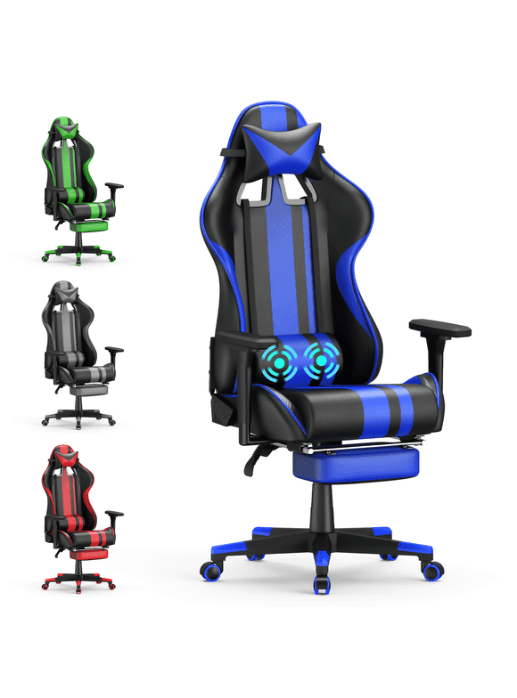 Soontrans Blue Gaming Chair with Footrest, Leather Ergonomic Gamer Chair for Adults Kids, Ergonomic Computer Office PC Chair with Massage, Height Adjustable Video Game Chair 300LBS(Blue)