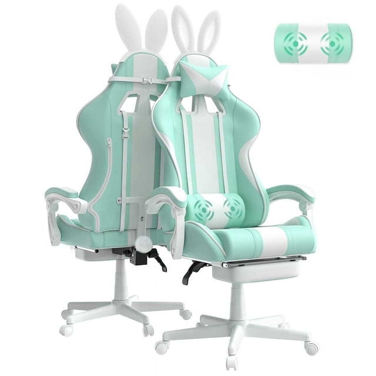 SOONTRANS Gaming Chair with Footrest, Girl Leather Gamer Game Chair for Adult, Reclining Adjustable Game Office Chairs Massage Pillows, Video Computer Chair with Bunny Ears, Green