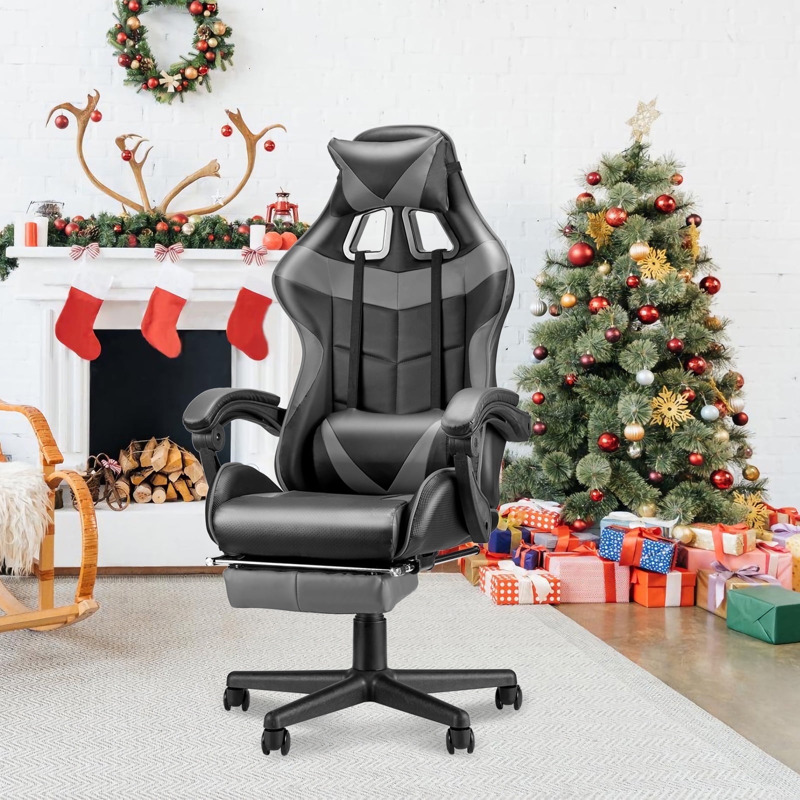 Soontrans Ergonomic Leather Gaming Chair with Lumbar Support and Headrest, Gray