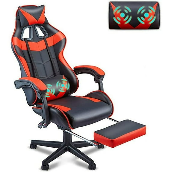 Soontrans Ergonomic Leather Massage Gaming Chair with Lumbar Support and Headrest, Red