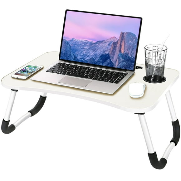 Soontrans Folding Laptop Desks Stand for Bed, Portable Bed Tray Table Stand Reading Desk Breakfast Tray Cup Holder Table, White