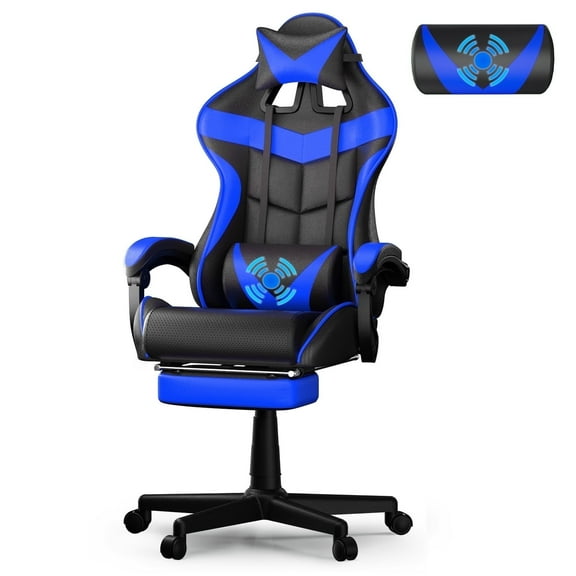 SOONTRANS Gaming Chair with Footrest,  High Back Game Gamer Chair with Massage Lumbar Support & Adjustable Headrest, High Back Comuputer Chair for Adults, Ergonomic Leather Office Chair, Blue