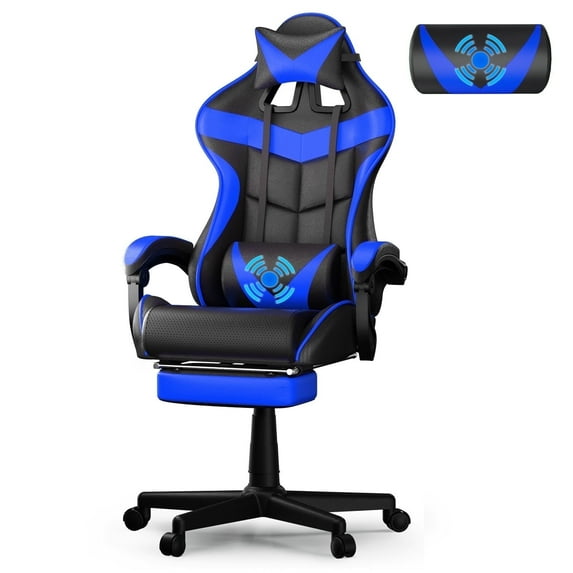 SOONTRANS Gaming Chair with Footrest, High Back Game Gamer Chair with Massage Lumbar Support & Adjustable Headrest, High Back Comuputer Chair for Adults, Ergonomic Leather Office Chair, Blue