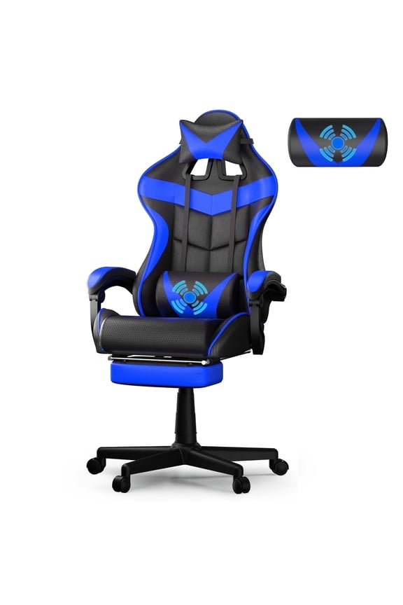 Gaming Chair with Footrest, High Back Game Gamer Chair with Massage Lumbar Support & Adjustable Headrest, High Back Comuputer Chair for Adults, Ergonomic Leather Office Chair, Blue