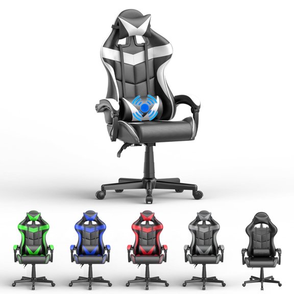 Soontrans Gaming Chair with Massage, High Back Computer Gamer Chair for Adults and s, Ergonomic Game Chair with Adjustable Headrest and Lumbar Support (White)