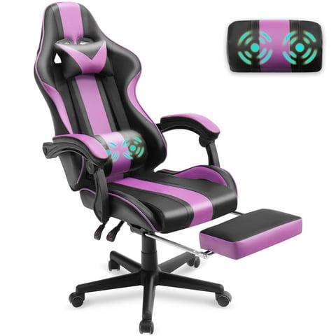 Soontrans Gaming Chair Office Chair, Computer Chair with Footrest & Adjustable Massage Lumbar Pillow, Ergonomic High Back Leather Game Desk Chair, Purple