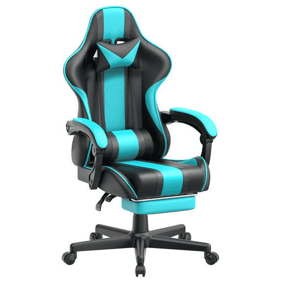 Soontrans Gaming Chair with Footrest Ergonomic Office Chair with Massage Lumbar Pillow, Reclining Gamer Game Chair for Adults, Blue