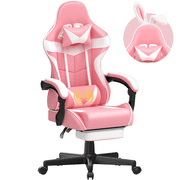 Soontrans Gaming Chair Office Chair with Footrest, High Back Computer Chair with Headrest & Massage Lumbar Support, Ergonomic PU Leather Game Gamer Chairs with Cute Bunny Ears, Pink and White