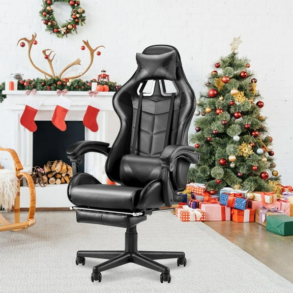 Soontrans Gaming Chair with Footrest, High Back Game Gamer with Massage Lumbar Pillow Compuer Chair for Adult , Black