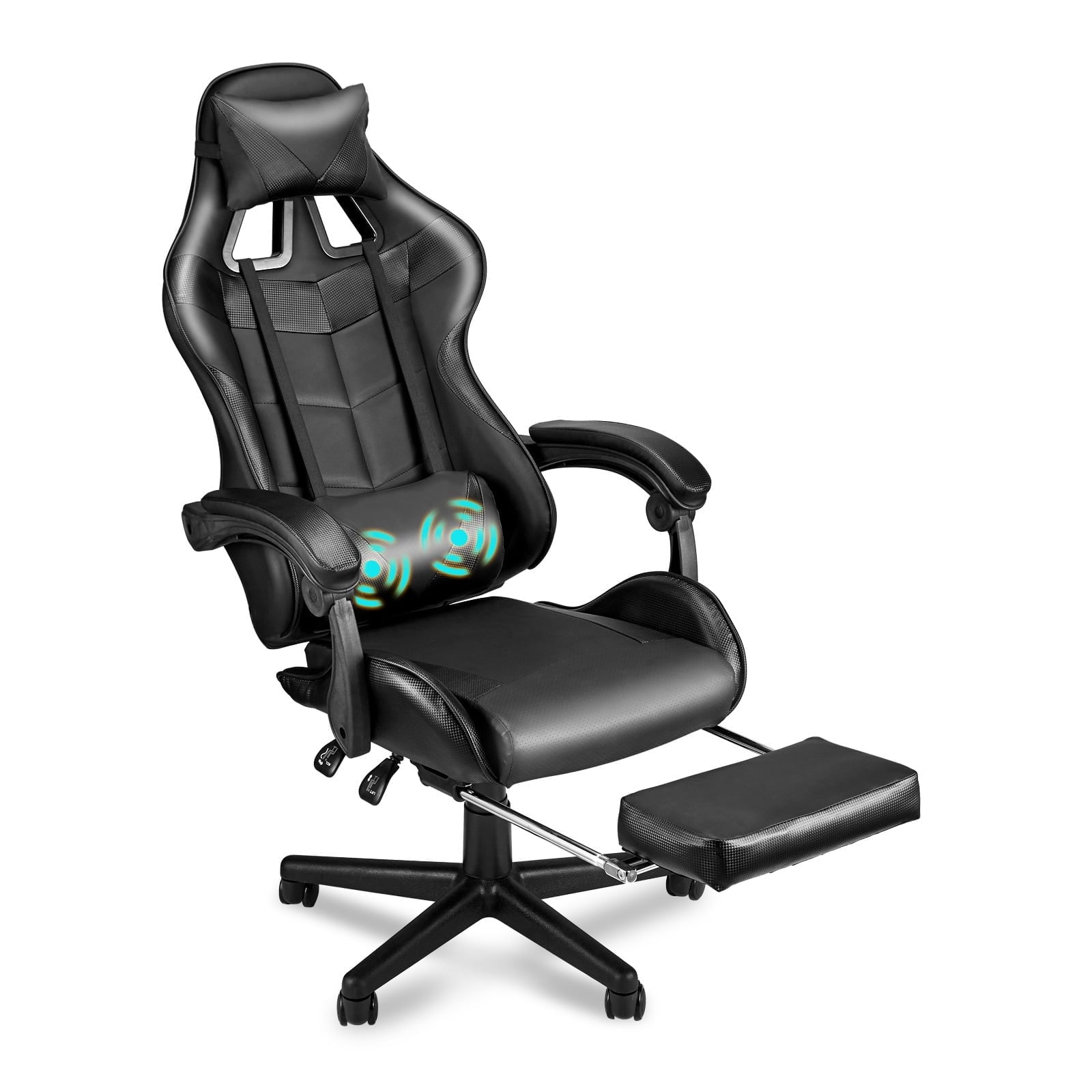 Soontrans Gaming Chair with Footrest and Ergonomic Massage Lumbar Pillow PU Leather Office Chair, Black