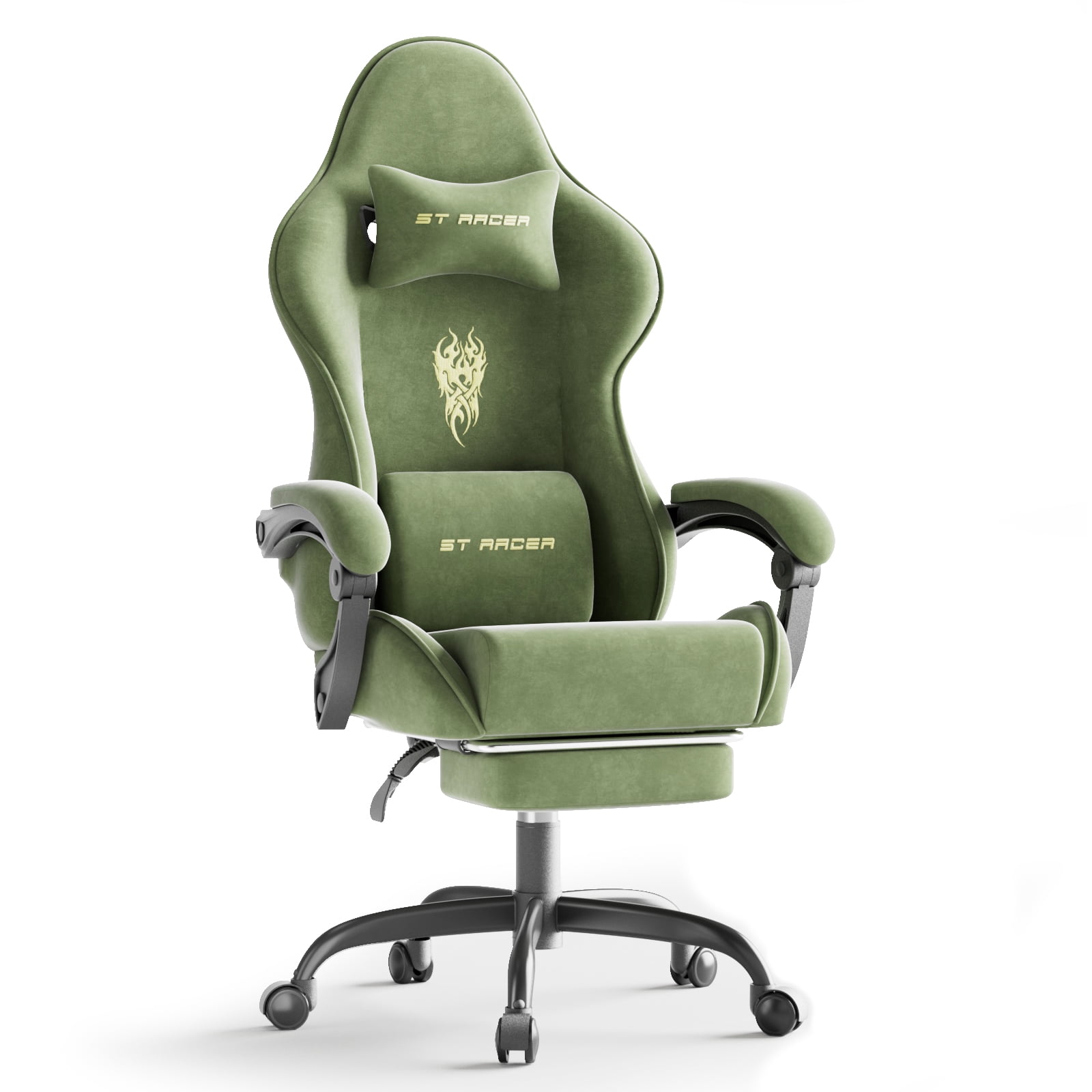 SOONTRANS Green Gaming Chair,Ergonomic Office Game Chair for Adult, Velvet Fabric Video Gamer Chair with Footrest, High Back Reclining Office Computer Chairs with Massage Lumbar