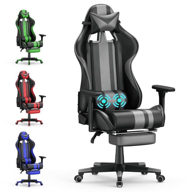 Soontrans Grey Gaming Chair with Footrest, Leather Ergonomic Gaming