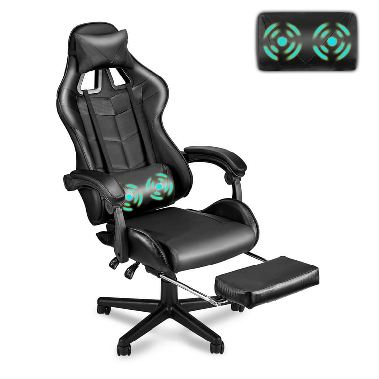 Adjustable Swivel Gaming Chair with Massage Pillow &Footrest, Leather PC Video  Game Chairs,Black 