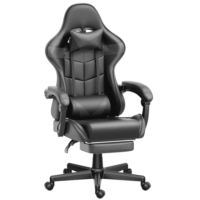 Soontrans Massage Gaming Chair with Footrest, Ergonomic Leather Office Chair with Lumbar Support & Headrest, Black