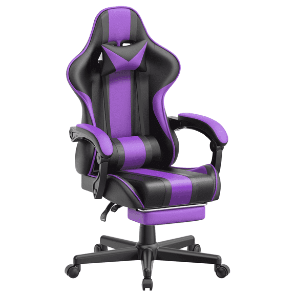 Soontrans Gaming Chair with Footrest Ergonomic Office Chair with Massage Lumbar Pillow, Reclining Gamer Game Chair for Adults, Purple