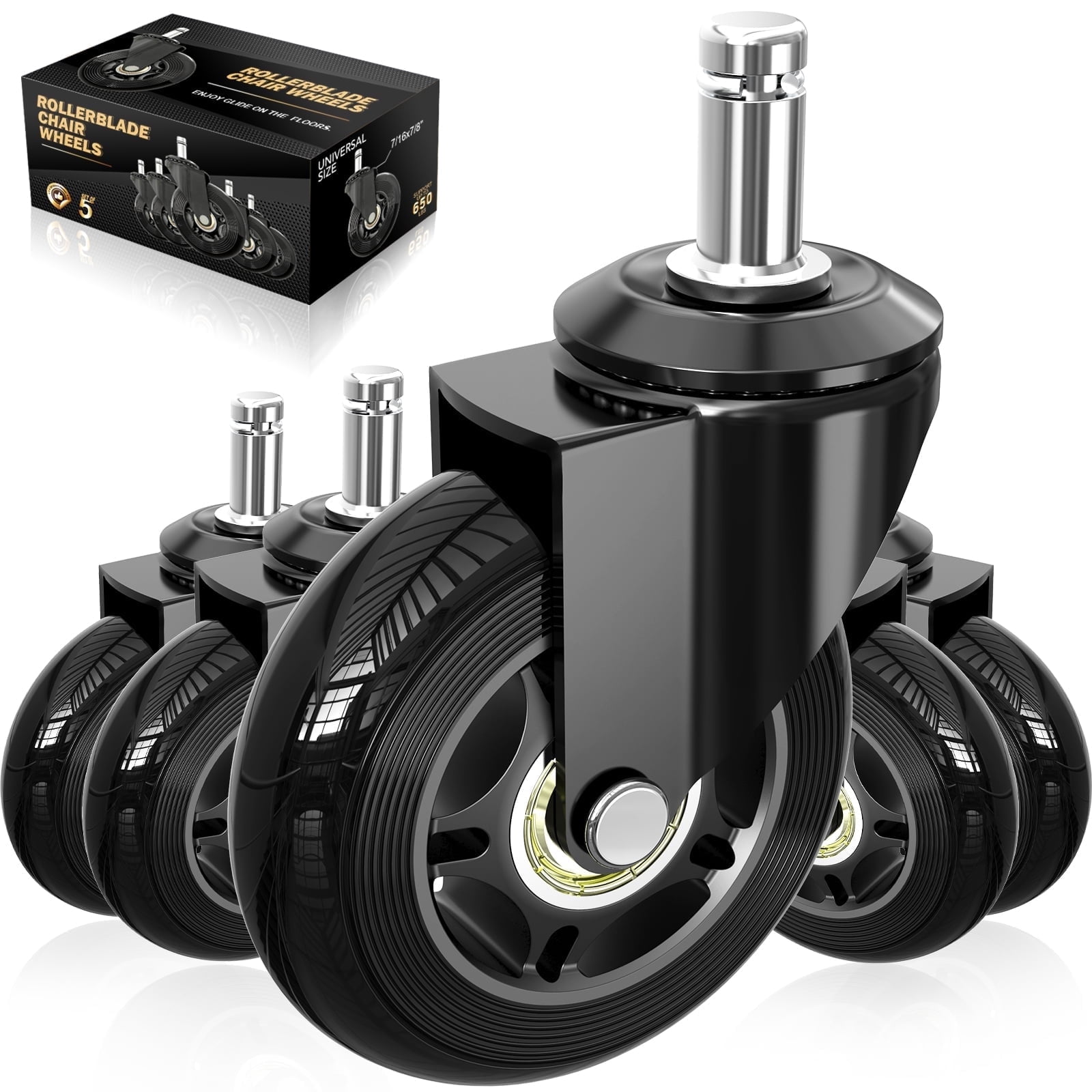 Soontrans Office Chair Wheels, Rubber Replacement Casters Wheels Set of 5, Rollerblade Swivel Heavy Duty Wheels for Office Gaming Chairs, Caster Wheels for Carpet Wood Floors