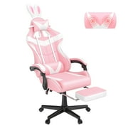 Soontrans Pink Gaming Chair with Footrest, High Back Computer Chair with Massage Lumbar Pillow & Headrest, Ergonomic Leather Game Gamer Chairs, Pink
