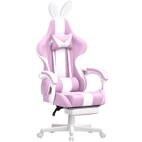 Soontrans Purple Gaming Chair with Footrest, Ergonomic Office Chair with Massage Lumbar Support & Headres, Leather Game Chair Computer Chair, Light Purple