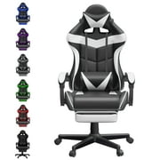Soontrans White Gaming Chair with Footrest, High Back Computer Chair with Massage Lumbar Pillow & Headrest, Ergonomic Leather Game Gamer Chairs, White