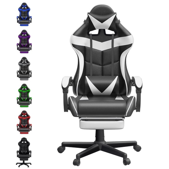 Soontrans White Gaming Chair with Footrest, High Back Computer Chair with Massage Lumbar Pillow & Headrest, Ergonomic Leather Game Gamer Chairs, White