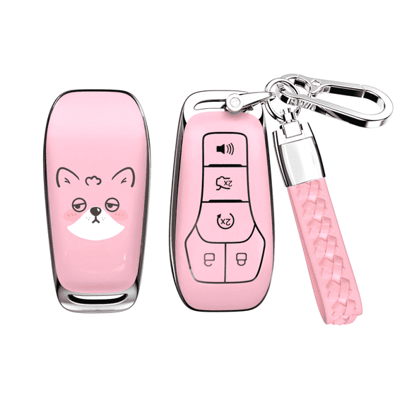 Soopcase for Ford Key Fob Cover, Soft TPU Key Fob Case with Leather Keychain Compatible with Ford Edge Fusion Explorer Mustang Lincoln MKZ MKC MKX Smart Keyless Remote Key(Pink,5 Buttons)