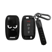 Soopcase for Kia Key Fob Cover, Soft TPU Key Case with Leather Keychain Compatible with Forte Optima Rio Sedona Sorento Soul Sportage Carens NIRO Hyundai Elantra Genesis Black,3/4 Buttons