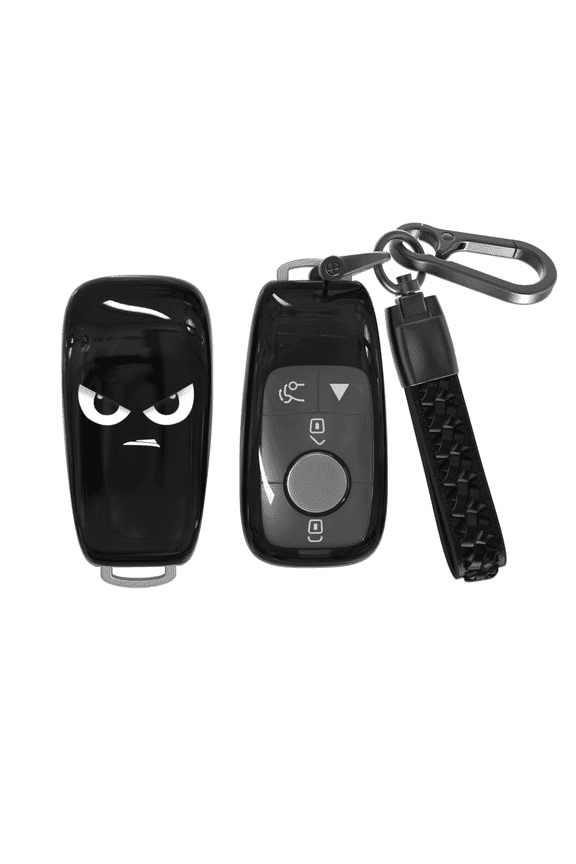 for Benz Key Fob Cover, Soft TPU Protective Shell with Leather Keychain Compatible with Mercedes Benz A/ C/ E/ G/ E/ S-Class AMG GT CLA CLS GLA GLB GLE GLS Smart Key Case(Black,2/4 Buttons)