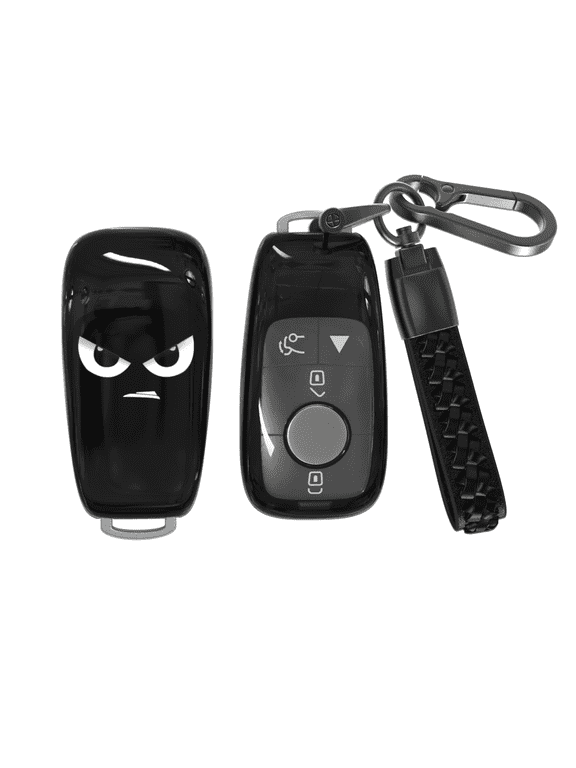 for Benz Key Fob Cover, Soft TPU Protective Shell with Leather Keychain Compatible with Mercedes Benz A/ C/ E/ G/ E/ S-Class AMG GT CLA CLS GLA GLB GLE GLS Smart Key Case(Black,2/4 Buttons)