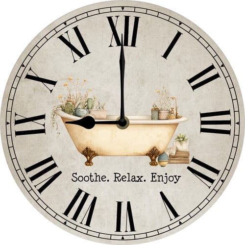Soothe Relax Enjoy Old Bath House Wall Clock Rustic Bathroom Décor Farmhouse Home Decor for Restroom Toliet Washroom Battery Operated Silent Non-Ticking 10x10 Inch