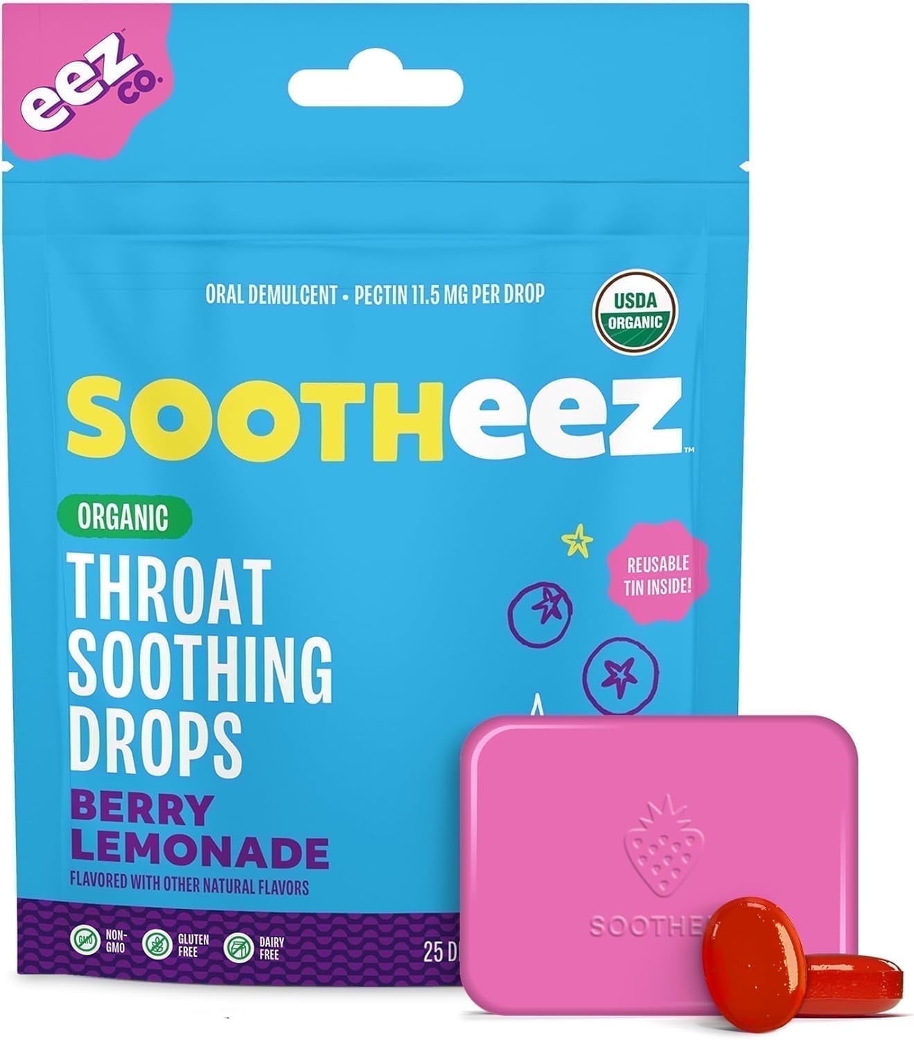 Sootheez Organic Throat Soothing Drops for Adults, Berry Lemonade, 25 Count