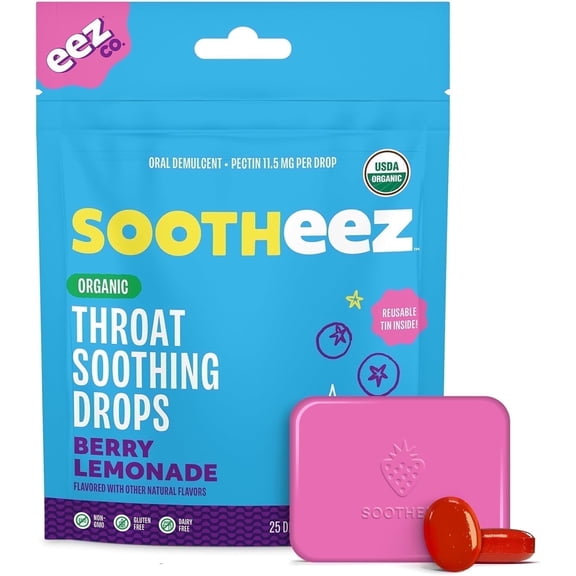 Sootheez Organic Throat Soothing Drops for Adults, Berry Lemonade, 25 Count