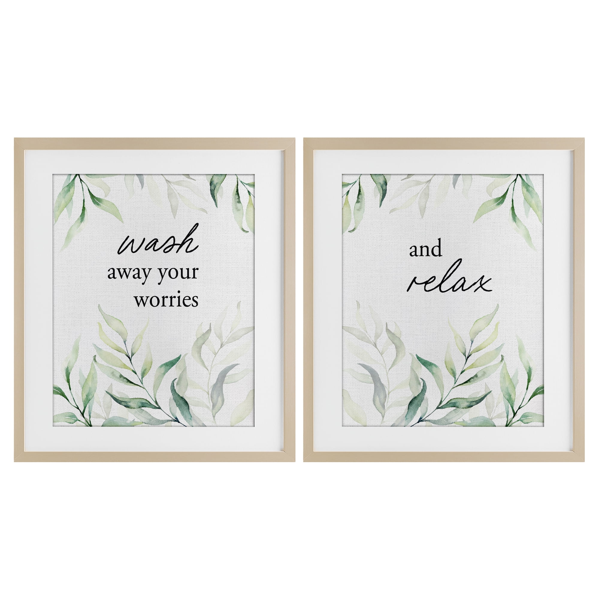 Soothing Bathroom Greenery Words 2 Piece Birch Framed Print Under Glass Set, design by Lettered and Lined